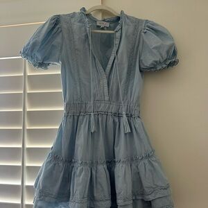MARBLE Women Light Blue Cotton Tiered Dress with Puff Sleeves